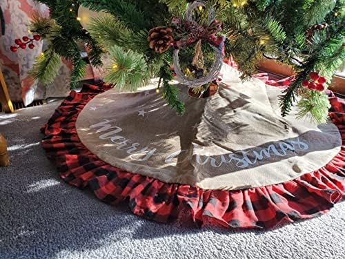 אייזנו 48 אינץ 'עץ חג המולד חצאית פשתן יוטה בופלו קישוט קצה משובץ למסיבת חג מולד שמח אדום ושחור של עץ חג המולד