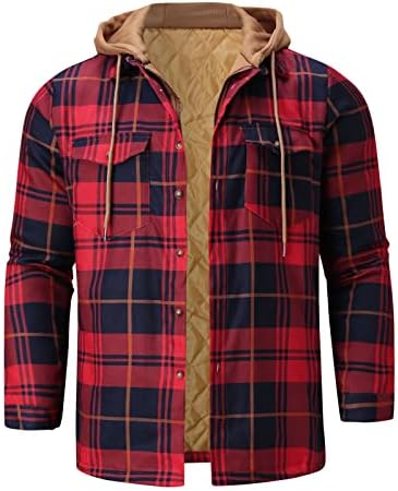 XXBR מעילים משובצים חולצות לגברים, כפתור רוכסן עם ז'קט מרופד עם ברדס עם מעילים רוכסנים רופפים בחורף חורף מעילים מזדמנים חמים