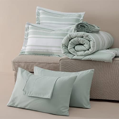 מיטות מיטות בשקית קווין קווין מידה 7 חתיכות, מרווה ירוק לבן פסים פסים שופך מערכות מיטות כל העונה, 2 כריות כריות,