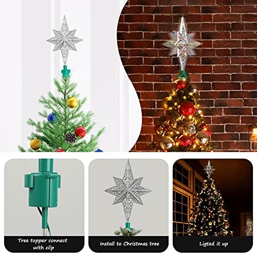 עץ כוכב חג המולד טופר מואר בית לחם כוכב עץ טופר 360 ° סיבוב קישוט כוכב נצנצים של 8 נקודות חג המולד עם 20 אורות צבעוני