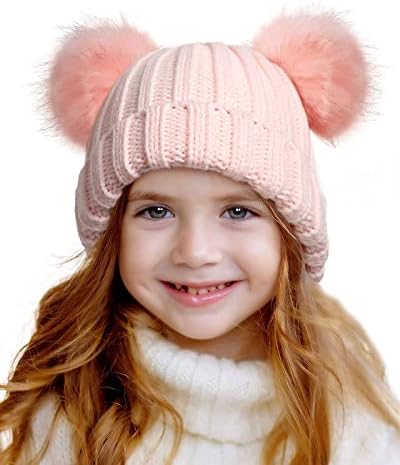 פעוט שינצ'י כפול פום פום כפה תינוקת חורפית כובע פעוטות רכה כובע חמוד ילדים סרוגים כפה לתינוקות