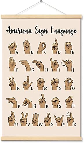 16x24 פוסטר בד של שפת סימנים אמריקאית, אלפבית ASL, עיצוב כיתתי ניטרלי, הדפס ABC - פוסטר ממוסגר - תפאורה לבית, חדר שינה, משתלה,