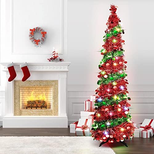 עץ חג המולד עם 50 אורות צבעוניים, 5 רגל מתקפל מלא מלאכותי עץ חג המולד, עץ חג המולד רזה עץ עץ עץ חג מולד עם עמדת דירה למרתף.