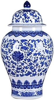 צנצנת ג'ינג'ר כחול -לבן סיני עם מכסה, צנצנת מקדש קרמיקה דקורטיבית בעבודת יד עם דפוס פרחי לוטוס, צנצנת אחסון לקישוט הקישוטים