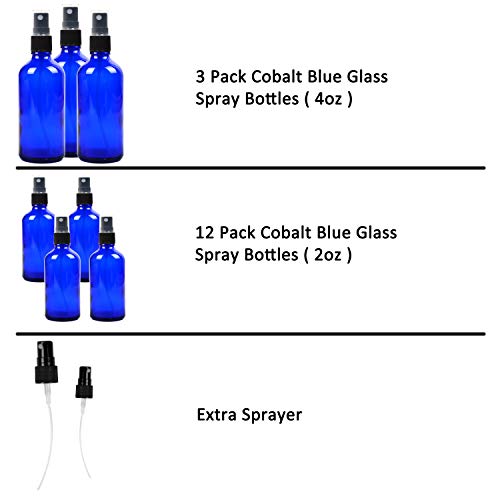צעיר 15 חבילות בקבוקי ריסוס זכוכית כחולה קובלט ריקה, 3 אריזות 4 אונקיות ו 12 חבילות 2 מכולות ניתנות למיילוי לשמנים