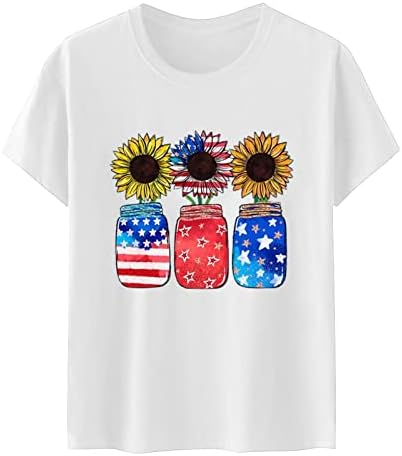 חולצת טש חולצה עליונה רופפת נשים שרוול קצר כותנה צווארון דגל אמריקאי דגל חמניות פרחוני חופשה פרחונית חולצה מזדמנת BZ