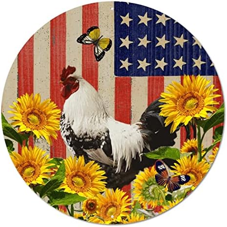 שלט מתכת עגולה לוחית מעוגלת פטריוטית דגל אמריקאי חווה תרנגול עוף וחמניות דלת מצחיקה שלט ביתי שלט זר וינטג