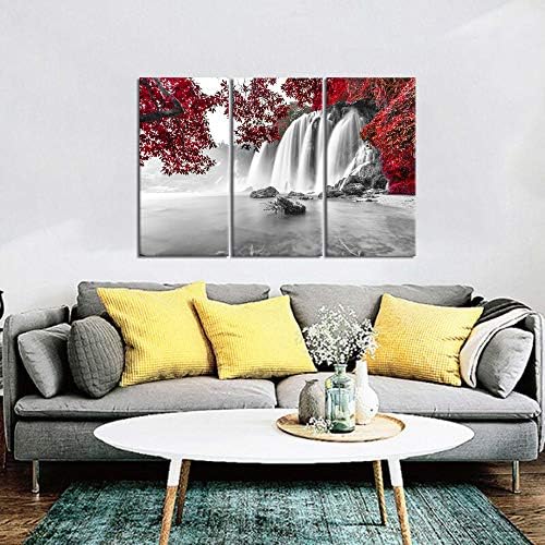 3 חתיכות אדום יער בד קיר ציור לסלון שחור ולבן מפל תמונה קיר אמנות מודרני סתיו טבעי נוף תמונה בית תפאורה מוכן לתלות