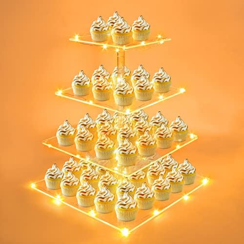 4 שכבות עוגות אקריליות ברורות עם אורות מיתר LED לבנים חמים, מחזיק תצוגת קאפקייקס מגדל מרובע למסיבת יום הולדת, חתונה,