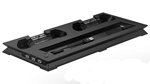 מעמד אנכי עם מאוורר קירור עבור PS4 Slim / PlayStation 4 רגיל 4, תחנת טעינה בקרים עם יציאות מטען כפול ורכזת USB