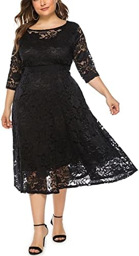 שמלות שקיעה של Fragarn לנשים, טמפרמנט נשים שרוול שרוול בן שלושה רבעים שרוול צבע אחיד בצבע אחיד O-צוואר פלוס שמלה