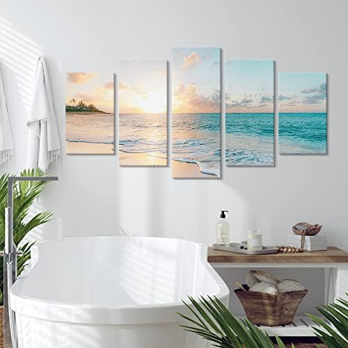 5 חתיכות חוף שקיעת בד קיר אמנות כחול ים הדפסי רומנטי אוקיינוס גלי תמונות ציור לסלון חדר שינה בית קישוטי קיר תפאורה