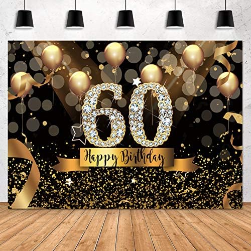 סנספון שמח יום הולדת 60 רקע למסיבה למבוגרים 7 על 5 רגל בוקה מעגל גליטר זהב בלון צילום רקע שישים יום הולדת שחור זהב