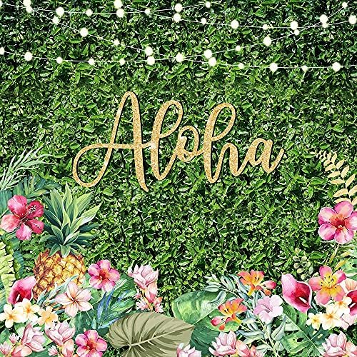 רקע מפלגת אלוהה קיץ טרופי לואו צילום רקע עלים ירוקים פרחים עלים דשא פנסי דשא מקלחת לתינוק שולחן ליום הולדת