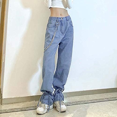 OMBMUT שרשרת אישיות לנשים שרשרת ג'ינס מכנסיים תחרה מרופדת במותניים גבוהות מתאימות רופפות תחבושת מכנסי מכנסי