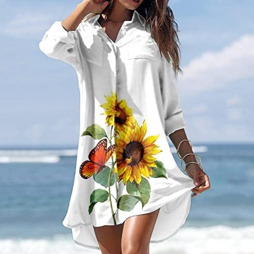 מיאשוי נשים עבודת שמלת נשים אביב מזדמן שמלת קיץ חוף סגנון הדפסת כפתור דש שמלה ארוך שרוול קיץ