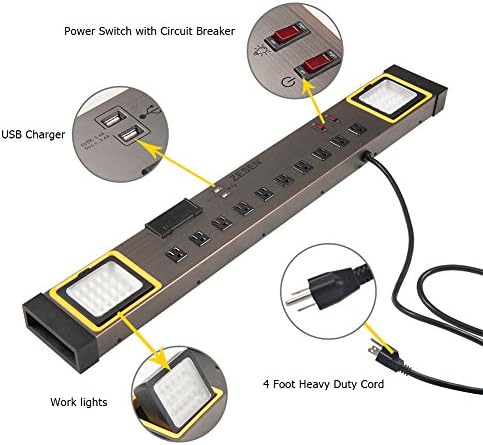 רצועת חשמל של זסן 10-אאוטלט עם מגן על פנסים של LED 4ft עם USB חכם כפול, סדנה/מוסך/משרד/בית, ETL רשומה