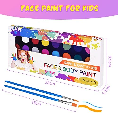 ערכת צבע פנים של aooowu לילדים, 16 צבעים פלטת צביעת גוף מקצועית עם 2 מברשות, סט צבע פנים לא רעיל, ערכת צבע