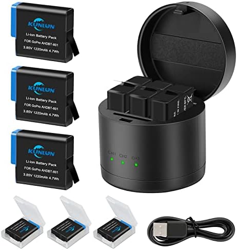 סוללות 3-חבילות של Kunlun עבור GoPro Hero 8/7/6 שחור ו -3 ערוצים USB מהיר של סוללה מהיר תחנת מטען עבור GoPro Hero