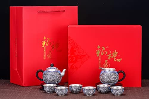 ערכת תה גונגפו סינית של GoHQ, S999 אמייל כסף דרקון תה ותה קומקום ותה תה ניידים סט תה למבוגרים משמשת כמתנות לשנה