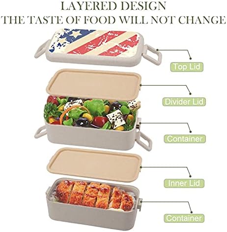 רטרו דגל אמריקאי בנטו קופסת אוכל 2 מיכלי אחסון מזון תא עם כף ומזלג