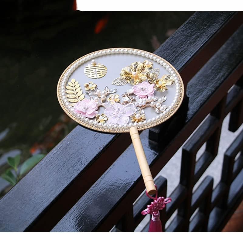 N/A קשר סיני פרחים ורודים מאווררי כלה חרוזים פרל גביש זהב תלבושת עתיקה תלבושת עגולה כלה חתונה מאוורר יד