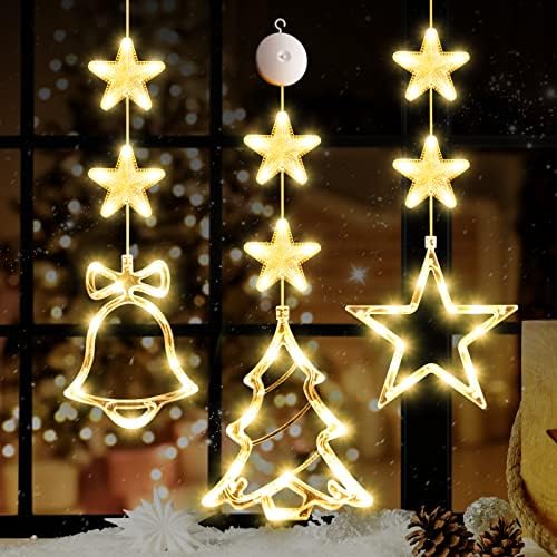 Lyubasa 3pcs קישוטי אורות חלון חג המולד, חלון חג המולד המופעל על סוללה תלוי לבן חם עץ מואר פעמון בצורת LED מנורה