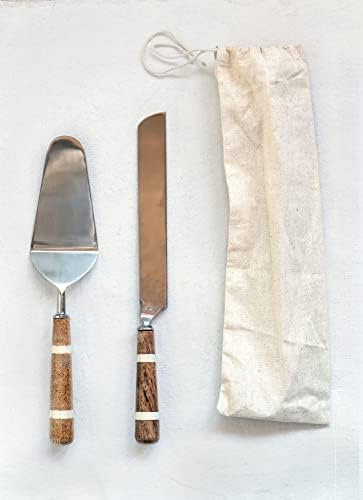 סכין עוגת נירוסטה של ​​שיתוף פעולה יצירתי ושרת עם ידיות עץ וקרניים, סט של 2 חתיכות בשקית משיכה