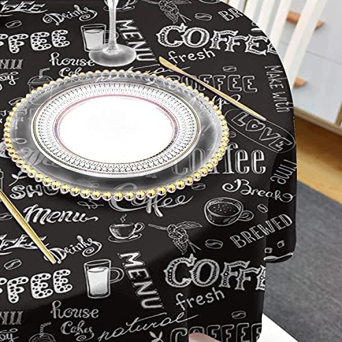 קפה נושא עגול מפת שולחן 60 אינץ-עמיד למים בד שולחן בד מגן, קפה לבן מילות מילוי שחור מפות רחיץ שולחן כיסוי למטבח משתה קפה