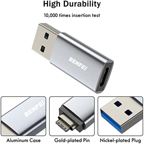 Benfei 2 חבילה 10 ג'יגה -ביט לשנייה USB 3.0 ל- USB C מתאם זכר לנקבה, תמיכה 12V/3A טעינה מהירה, USB GEN 2 10 GBPS