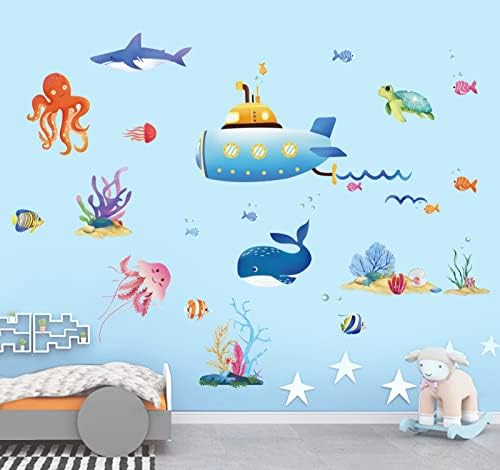דקלמיל תחת ים צוללת קיר מדבקות לווייתן דגי מדוזה קיר מדבקות אמבטיה ילדים חדר שינה קיר תפאורה