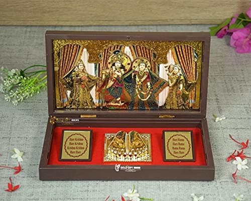 Goldgiftideas 24K מצופה זהב Radhe Krishna מסגרת תמונה עם Charan Paduka, מתנה חוזרת הודית לפוג'ה, Hare Krishna