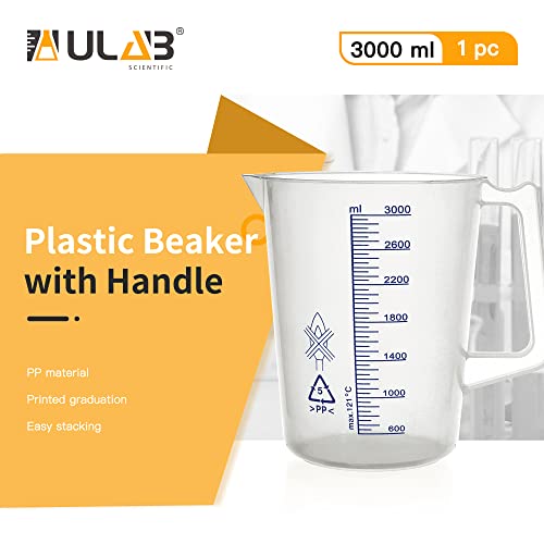 Ulab Beakers Scientific, Beakers פלסטיק עם ידית, סיום מודפס בכחול, כרך. 3000 מל, UBP1019