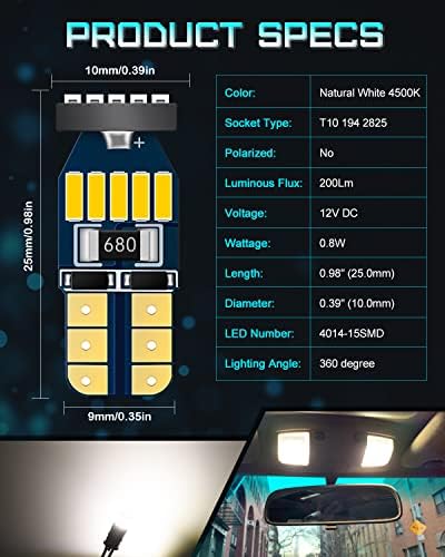 Alopee 12V DC 194 נורת LED טבעית לבנה טבעית 4500K, נורת LED לא קוטביות T10, 15SMD 4014 CHIPS 168 נורת LED עבור W5W 501