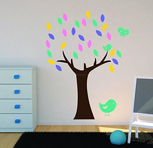 עיצוב קיר פלוס עוד WDPM3702 מדבקות קיר עץ עם עלים, פרפר, מדבקות ציפורים לחדר משתלה או לחדר בנות, צבעי ויניל
