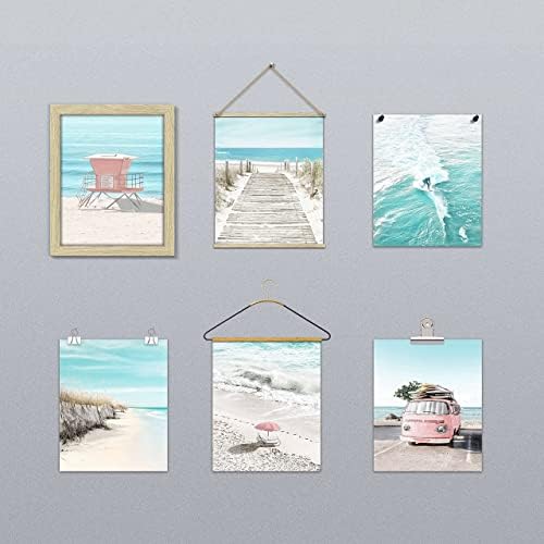 קיר חוף אמנות חוף הדפסי חוף סט תפאורה של 6 תמונות נושאי נוף קיץ טיילת, כיסא חוף, טנדר ורוד, כרזות גלישה לבית לא ממוסגר