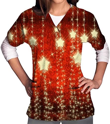 עץ חג המולד הדפסת חולצות לנשים אחות עבודה מדים חולצות צווארון קצר שרוול סוודר חולצה עם כיס
