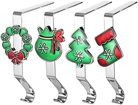 מחזיקי גרב לחג המולד של פינטילנד למערכת המעטפת של 4 - מתכת כסף חמוד קולבי גרבי חג המולד לאח, ווים לחג המולד