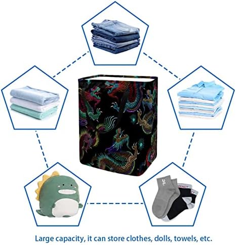 רקמה דרקונים סיניים הדפס סל כביסה מתקפל, סלי כביסה עמידים למים 60 ליטר אחסון צעצועי כביסה לחדר שינה בחדר האמבטיה במעונות