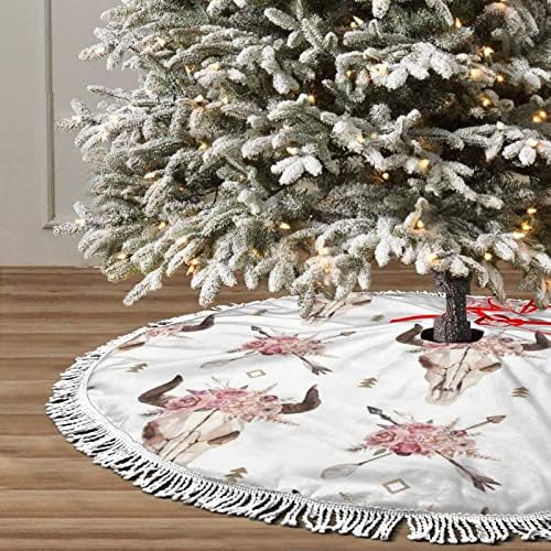 גולגולת שור שבטי על חצאית עץ חג המולד לבן, מחצלת חצאית עץ חג המולד עם ציצית לעיצוב מסיבת חתונה לחג 48