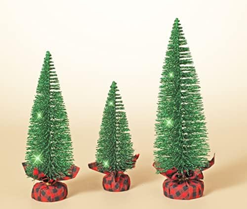 סט של 3 מברשת בקבוקים ירוקה נוצצת עצי חג מולד עצי חג המולד, בגובה 7 סנטימטרים עד 11 סנטימטרים עם בסיס עטוף בד