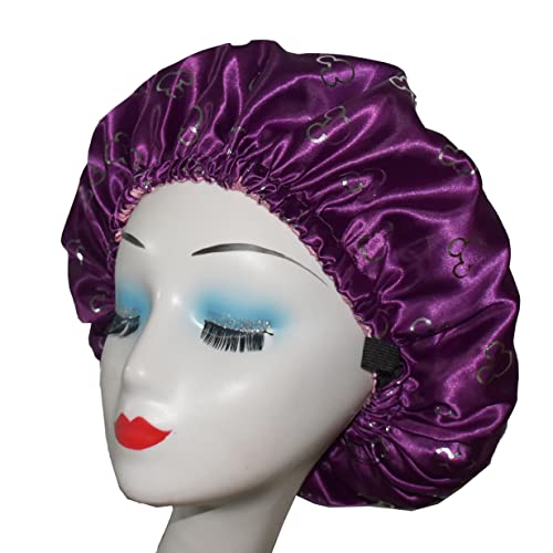 מלכת מזנון שכבה כפולה מכסה משי סאטן מצנפת לשיער מתולתל טבעי כובע שינה לילה לנשים סגול