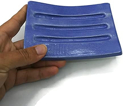 צלחת סבון בעבודת יד כחולה מלכותית לקרמיקה של סבון בר, מחזיק ספוג מלבן