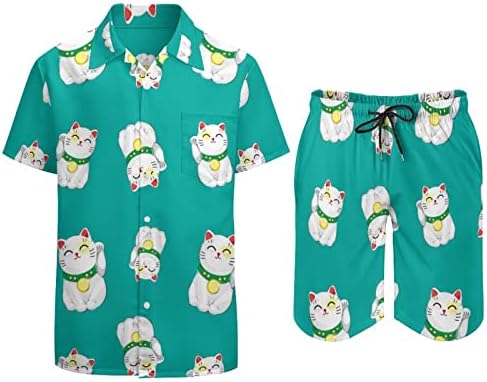 תלבושות חוף יפניות של חתול מזל יפני 2 חלקים חוף כפתור הוואי למטה חולצה עם שרוול קצר וחליפות מכנסיים קצרים