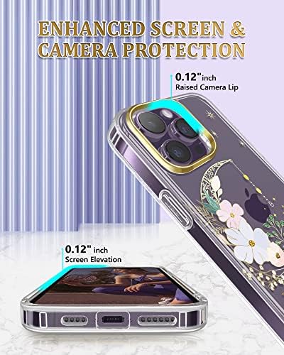 Jiaxiufen מיועד לאייפון 14 Pro Max Case עם מגן מסך + מגן עדשת מצלמה נצנצים פרח מצופה זעזועים אטום בהיר פרחוני מגן