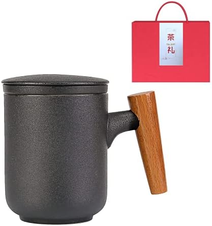 ספל תה קרמי עם מכסה ומכסה, כוס התה של סין, על ידי ידית עץ עלה עלים רופפים 350 מל/12oz, שחור, GJ-467