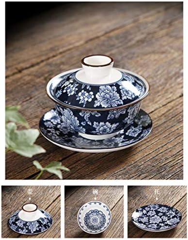 סט כוסות תה, QMFive, סינית מסורתית מסורתית חרסינה כחולה ולבן חרסינה Gaiwan Blue Glaze קערת תה קונגפו עם מכסה וצלוחית - 5.6oz/160ml