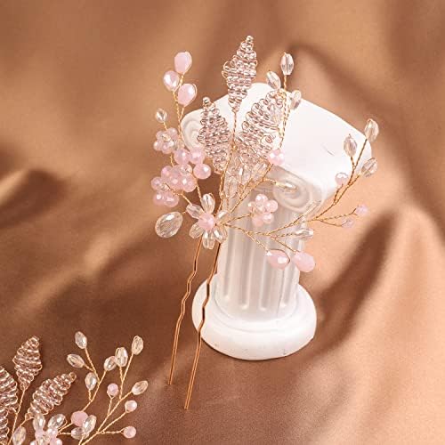 קסרלינג פרח שיער סיכות עבור כלה ורוד קריסטל כיסוי ראש לחתונה כלות פרח בנות בציר שיער אביזרי 2 יחידות