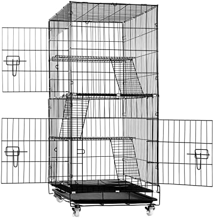 הוסקאר 4 קומות 47 אינץ גדול חתול כלוב חתול ארגז חתול מלונה חתול לול עם גלגלים, 3 דלתות, 3 סולמות ארנב כלוב לול מתקפל כלוב מקורה