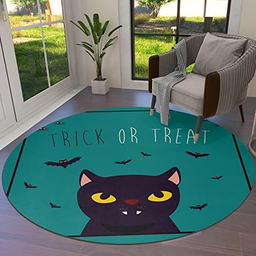 שטיח שטח עגול גדול לחדר שינה בסלון, שטיחים 4ft ללא החלקה לחדר לילדים, טריק ליל כל הקדושים או פינוק חתול שחור מצויר קריקטורה